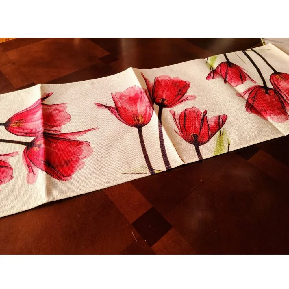 Floral Table Runner Spring Decor Farmhouse Cottage Dining Red Decorative Cloth